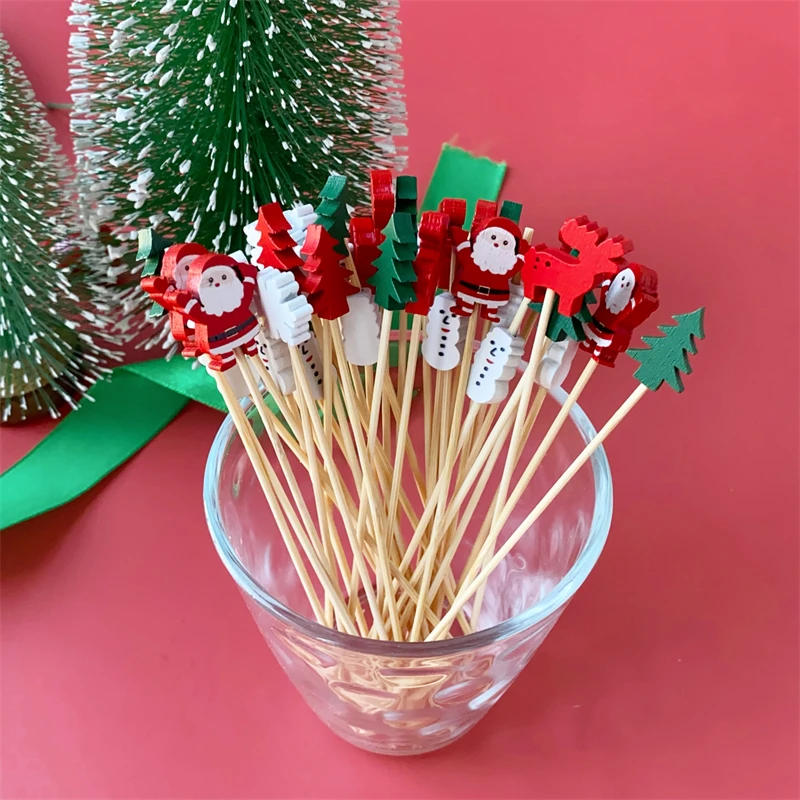 Description Picture 4 of item100Pcs Christmas Bamboo Skewer Cocktail Picks Cupcake Topper Disposable Buffet Dessert Toothpicks Fruit Fork Xmas Party Supplies