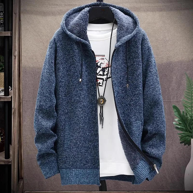 Description Picture 4 of itemMen‘s Hooded Cardigan Knitted Sweater Winter Thick Fleece Warm Casual Knitwear Coat Solid Color Cardigan Men Hooded Sweaters