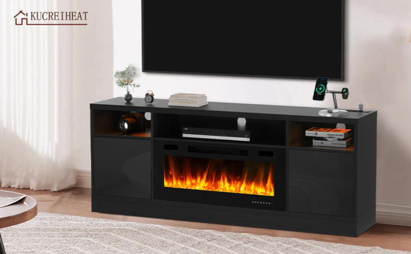 Description Picture 2 of item70'' TV Stand with 36'' Fireplace-LED Light Entertainment Center for 75+ inch TV-White TV Cabinet with Storage