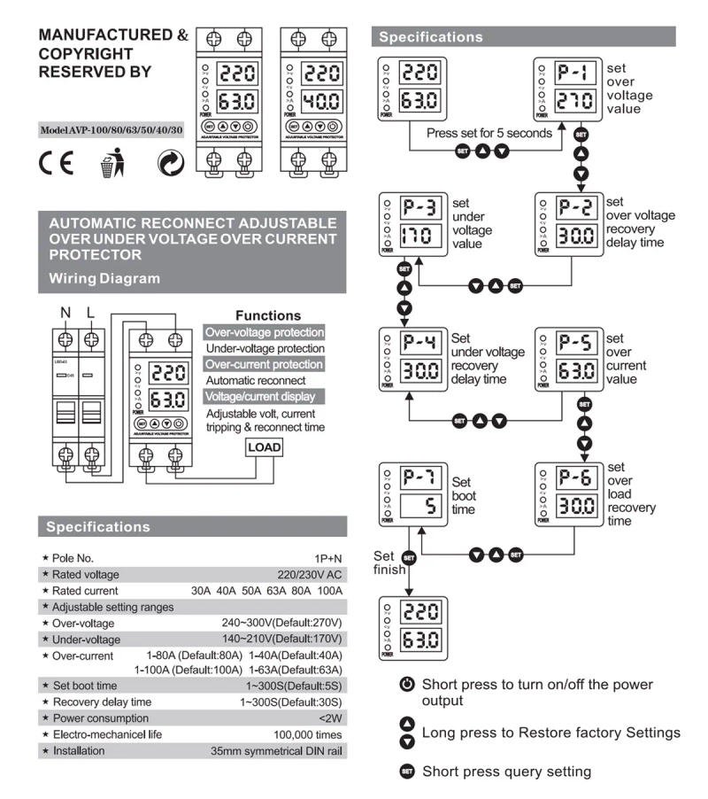 Description Picture 3 of item40A 63A 230V Adjustable Over Voltage Under Voltage Reclosing Protector  Relay Limit Over Current Protection Dual Digital Display