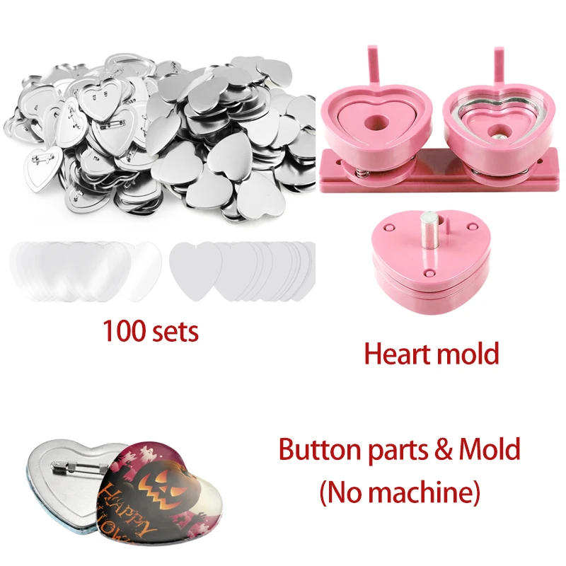 Description Picture 4 of itemHeart Shape Button Maker Machine Mold 100 Set Button Parts For Pin Badge Press Maker Slide Rail Machine DIY Making 57*53mm