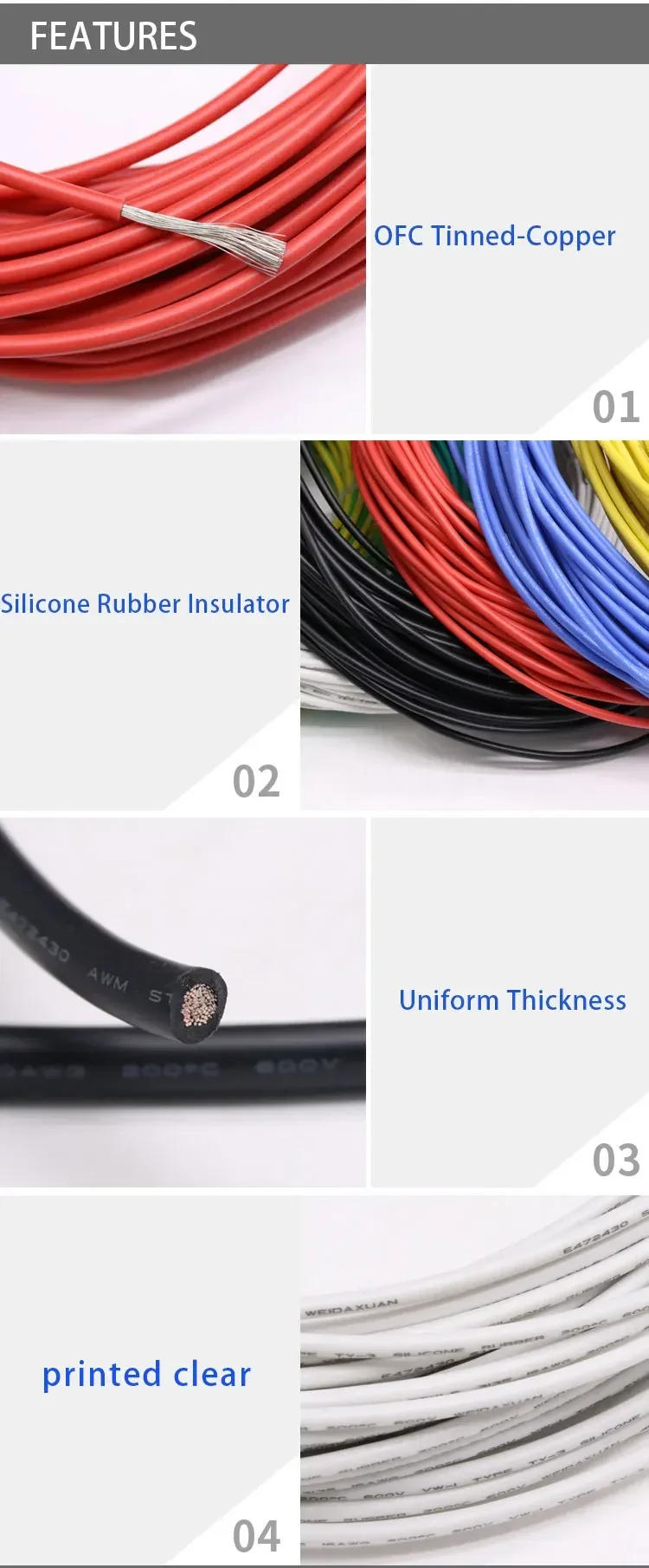 Description Picture 3 of item2/5/10M UL3135 Wire 30 28 26 24 22 20 18 16 14 12 10AWG Silicone Insulation Tinned Copper High Temperature Resistant Cable