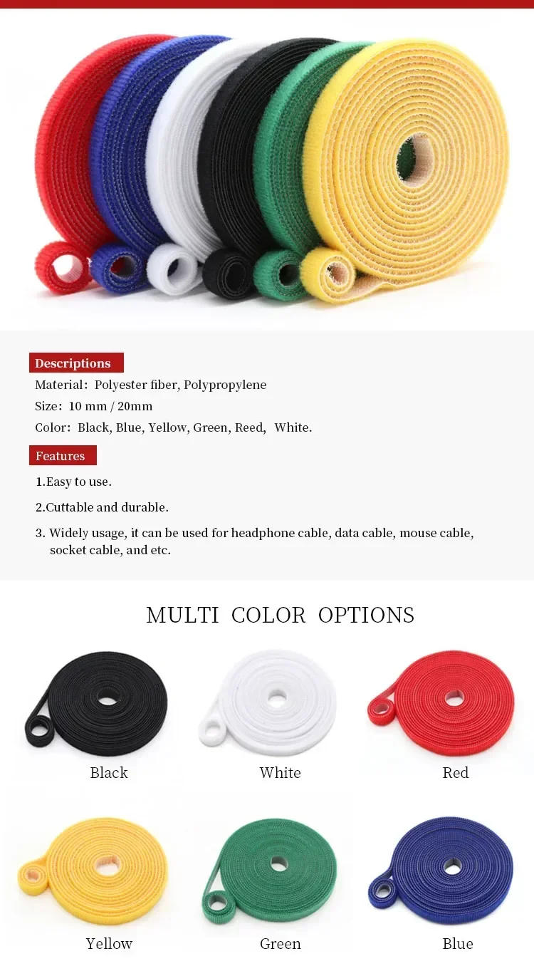 Description Picture 2 of item1~30Rolls Reusable Nylon Cable Ties 5 m/roll Self Adhesive Loop Bundle Clip Wire Organizer Management Cable Fastener Straps Tape