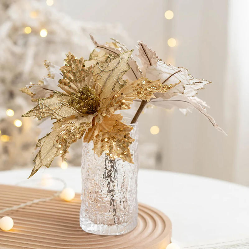 Description Picture 5 of item1PC Christmas Gold Silver Imitation Flower Xmas Tree Sequins Artificial Flowers DIY Ornaments for Festival Party New Year Decor