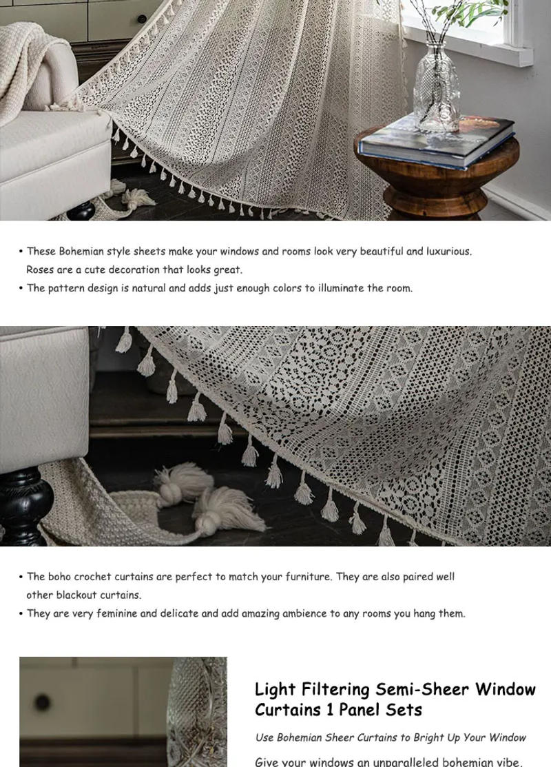 Description Picture 5 of item1pc Boho Curtain Crochet Lace Semi-Sheer Bohemian Hollow Knitted Handmade Tassels, For Living Bedroom.