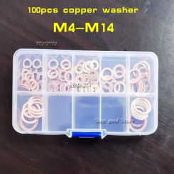 100Pcs Copper Washer Gasket Nut And Bolt Set Flat Ring Seal Assortment Kit With Box M4/M5/M6/M8/M10/M12/M14 For Sump Plugs