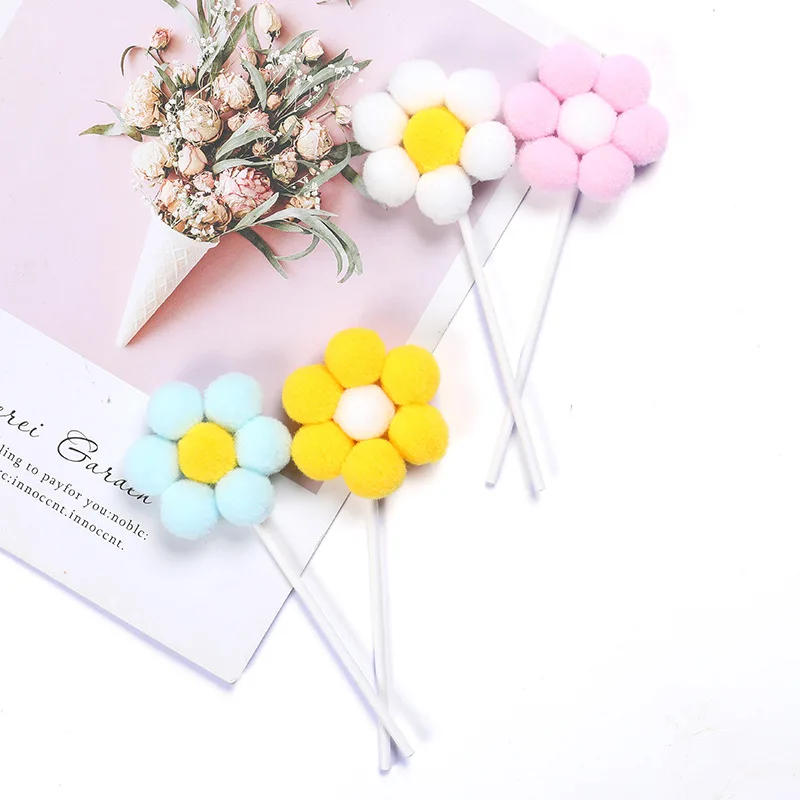 Description Picture 5 of item4pcs Colored Flowers Happy Birthday Cake Topper with wedding Cupcakes Dessert Decoration Baby Shower Hairball Baking Supplies