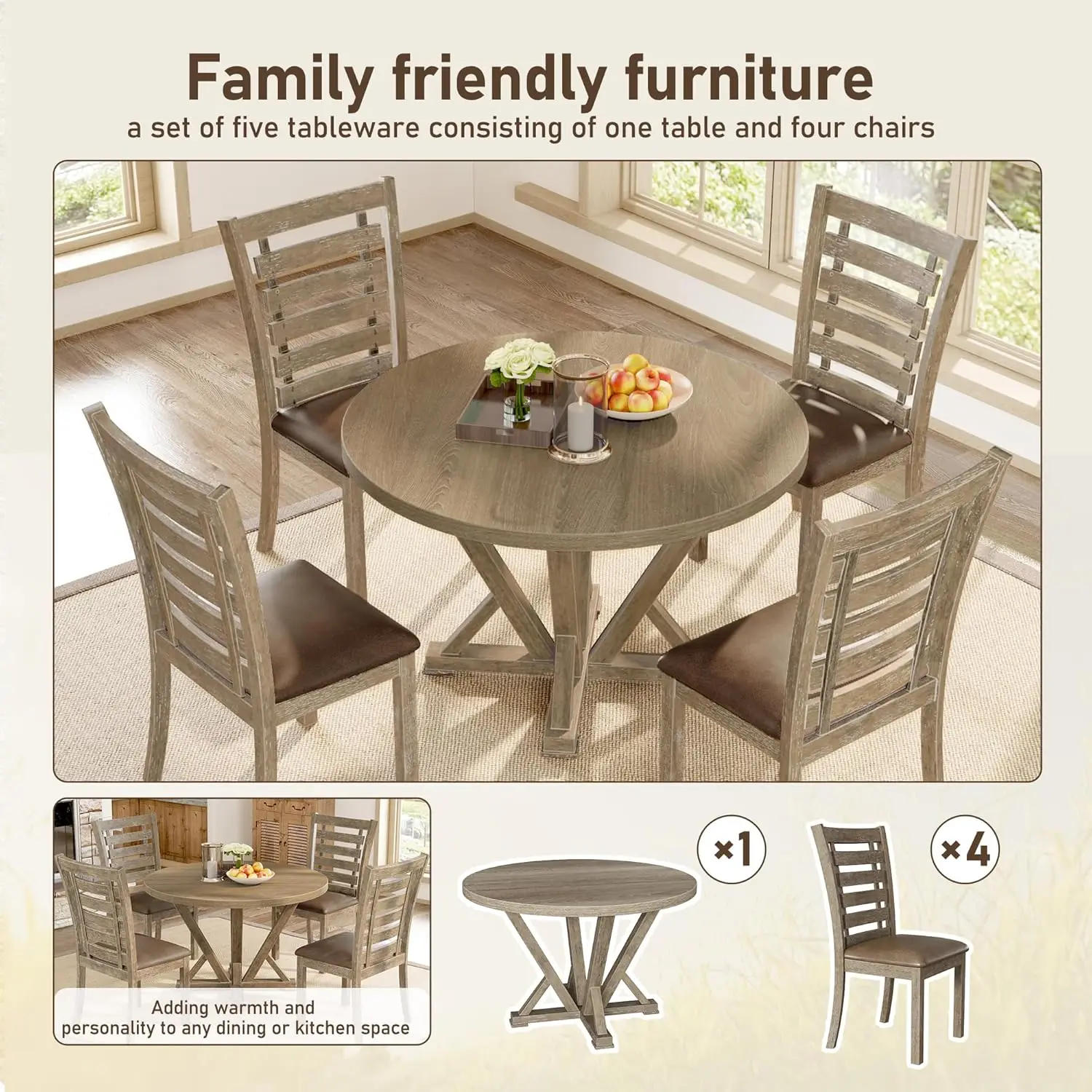 Description Picture 6 of itemDining Tables, 5 Piece Round Farmhouse Dinings Table Set, Rustic Solid Wood Kitchen Dinings Room Table, Dining Tables