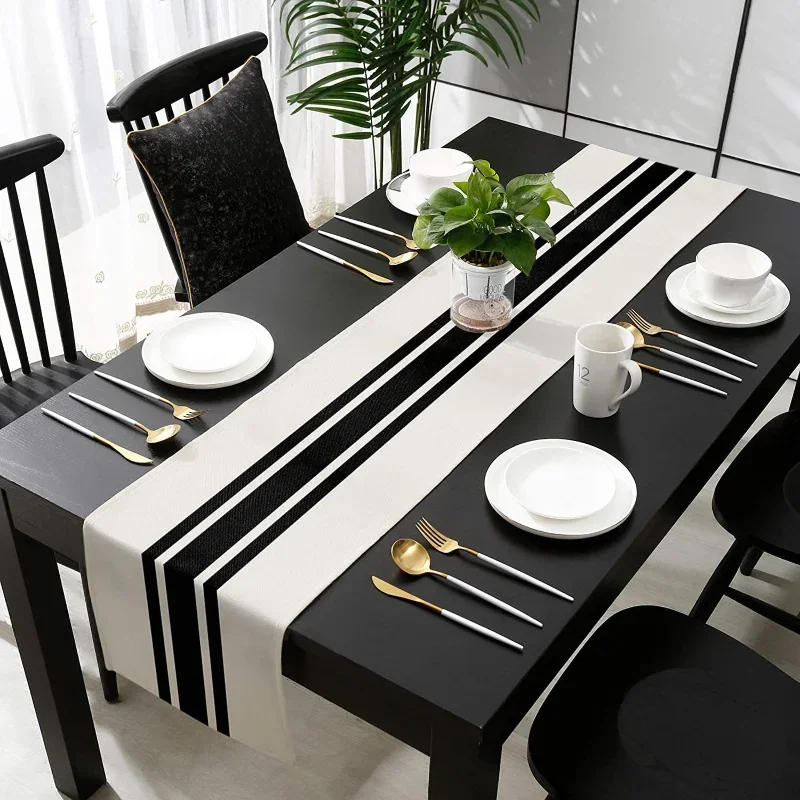 Description Picture 3 of itemNew Geometric Linen Striped Table Runner Modern Minimalist Black and White Plaid Tablecloth Placemat Home Decoration Tea Flag