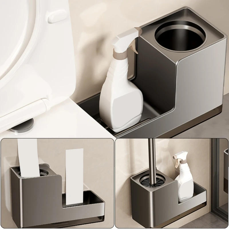 Description Picture 3 of itemLong Handle Bathroom Brush with Storage Shelf Not Drill Installation Modern Toilet Brush Set with Convenient Holders