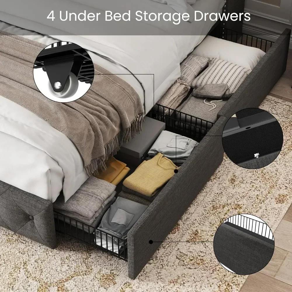 Description Picture 4 of itemBed Frame Linen Upholstered Bed with  Storage Drawers and Wingback Headboard Tufted Platform Beds Frame with Wood Slats Support