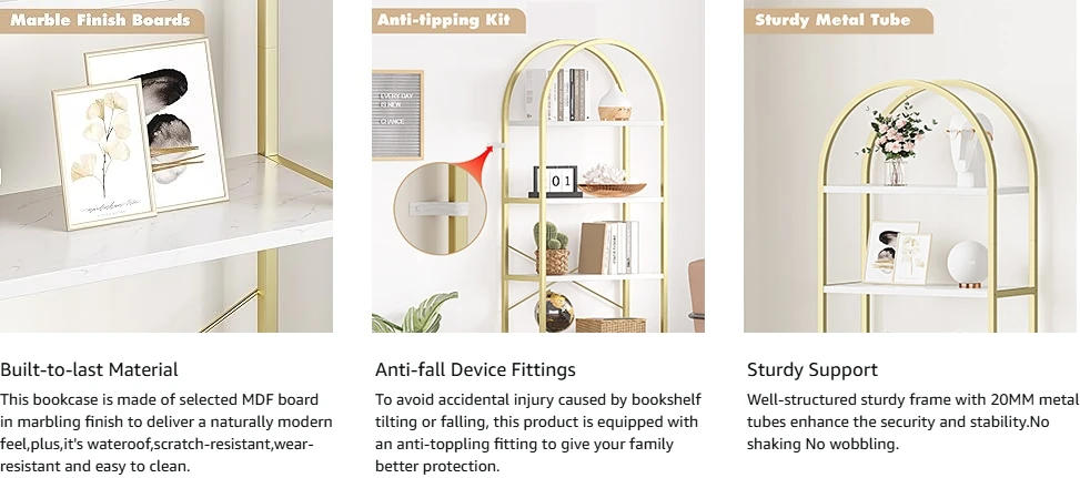 Description Picture 4 of itemUS  Bookshelf 5 Tier Bookcase Arched Display Racks Tall Standing Bookshelves Metal Frame Rustic Storage Rack Shelf Brown Book