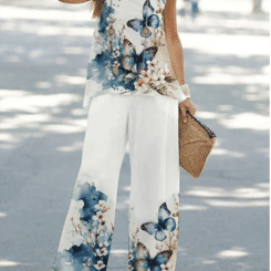 Casual High Street Fashion T-Shirt Straight Leg Pants Suit Women's Printed Sleeveless Vest Loose Pants Simple Summer Set Clothes