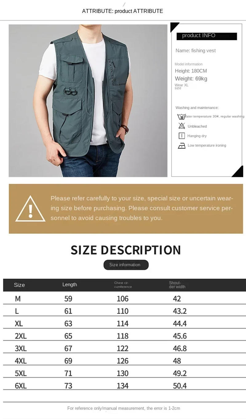 Description Picture 5 of itemSize Waterproof Men Large Hunting Work Multi Pocket Vest MAN Embroidered Tactical Casual Men's Windbreaker Sleeveless Jacket Zip
