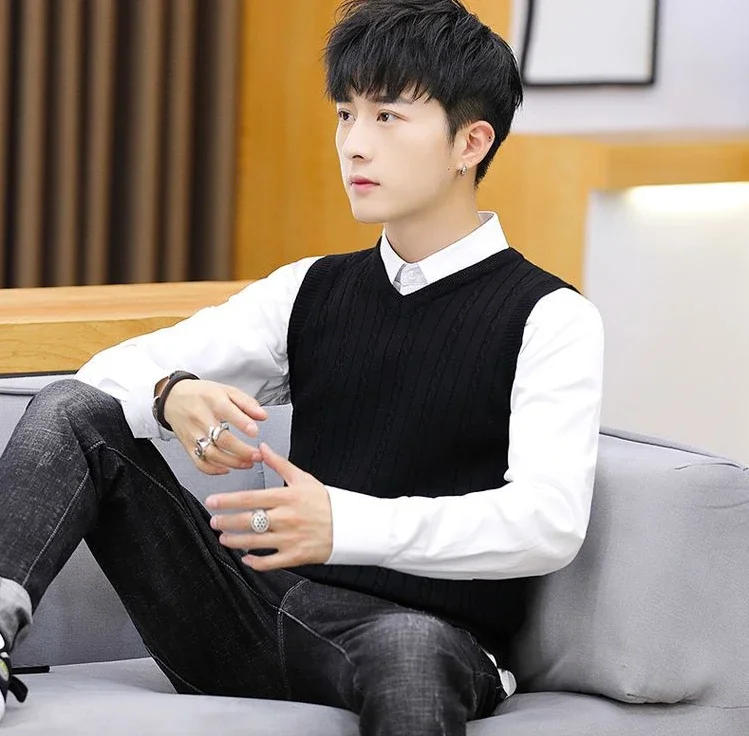 Description Picture 3 of itemMan Clothes Graphic White Knitted Sweaters for Men Waistcoat Solid Color Vest Plain Sleeveless Cheap Pull Oversize Order Jumpers