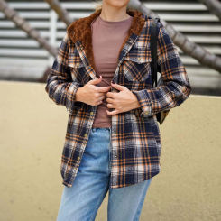 Women's Winter Jacket Plaid Shacket Jacket Long Sleeve Button Up Fleece Hooded Jackets Casual Outerwear 2025 Autumn Hooded Coats