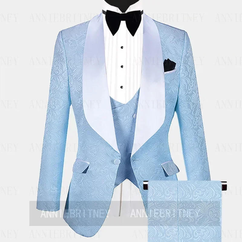Description Picture 4 of itemBeige Jacquard Shawl Lapel Formal Wedding Elegant Men Suit Groom Tuxedo Prom Slim Fit Blazers High Quality Custom 3 Piece Set