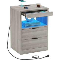 Nightstand with Wireless Charging Station and LED Lights, Grey Night Stand with 2 Drawers and Open Storage