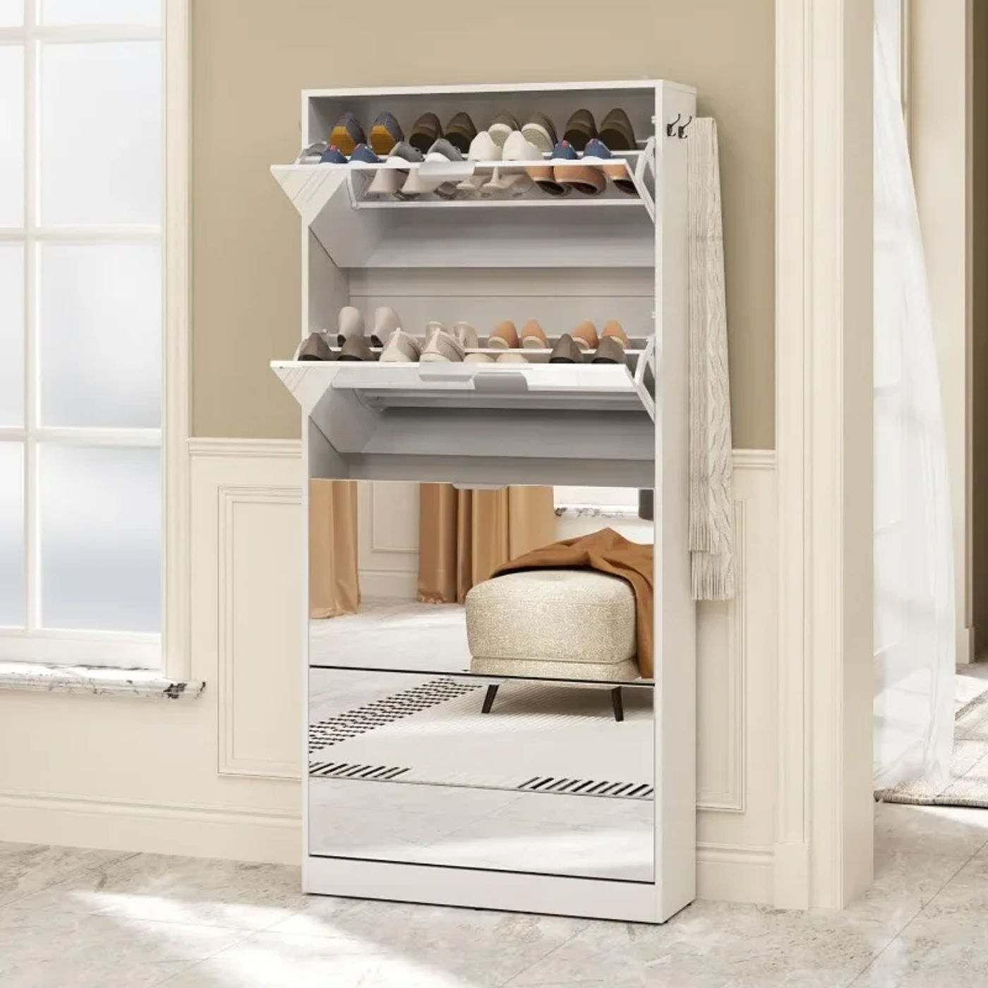 Description Picture 2 of itemMirror Shoe Cabinet with 4 Flip Drawers, Wooden Shoe Organizer with 4 Tier for Small Spaces, Full Length Mirror Shoe Rack