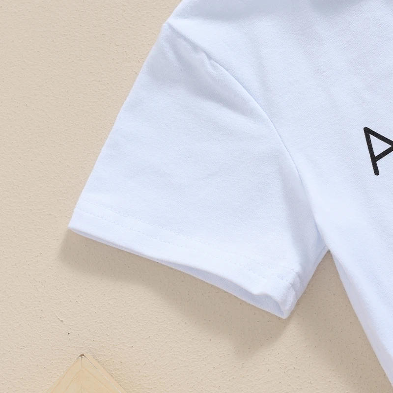 Description Picture 6 of itemBaby Boy 2 Piece Outfits Round Neck Short Sleeve Letter Print Tops Elastic Waist Shorts Summer Set for Infant Toddler