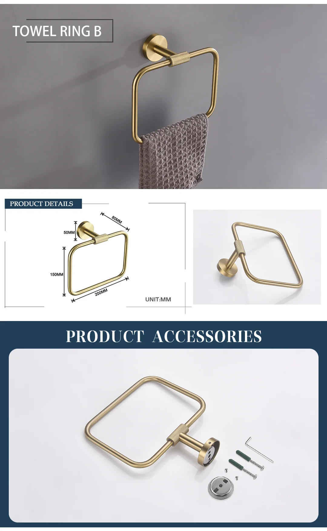 Description Picture 4 of itemBrushed Gold Brass Knurling Bathroom Accessories Set Wall Mount Hand Towel Rack Toilet Paper Holder Robe Hook Hanger
