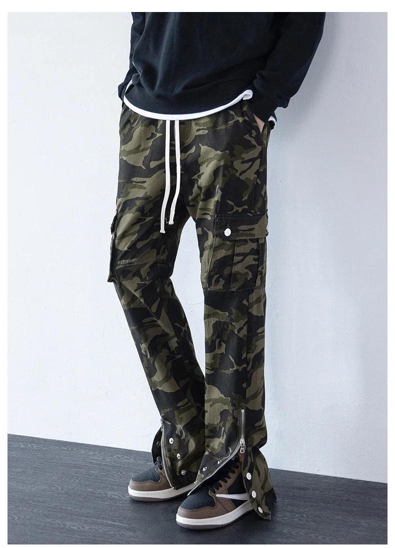 Description Picture 5 of item782 American Style Hip Hop Trendy Personality Design Flared Pants Zipper Retro Camouflage High Street Straight Trousers For Man