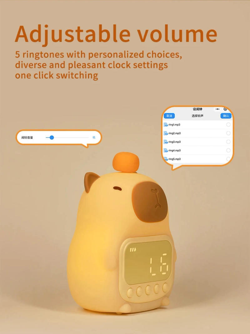 Description Picture 6 of itemCute Rechargable Cartoon Capybara Silicone Night Light Digital Alarm Clock LED Night Lamp Table Clock Room Decor Birthday Gifts