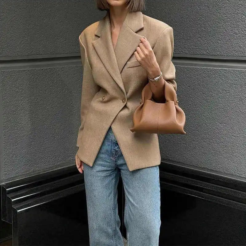 Description Picture 5 of itemWomen Vintage Slim Fit Blazer Coat Lapel Long Sleeve Double Breasted Single Pocket Casual Solid Jacket Fall Winter New Chic Coat