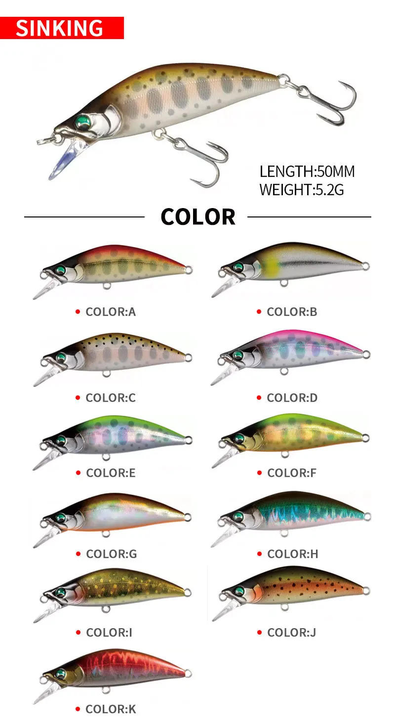 Description Picture 2 of itemmini Sinking Minnow Wobblers Fishing Lures 5cm 5.2g Trout Artificial plastic Hard Bait Jerkbait Crankbait Bass Fishing Tackle