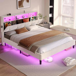Full size bed frame with headboard storage and LED lights, velvet cushioned bed, headboard with shelf, milky white