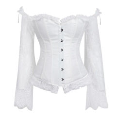 Corset Top Bustier with Long Sleeve Lace Satin Overbust Corselet Off Shoulder Renaissance Women Plus Size Sexy Costume Burlesque