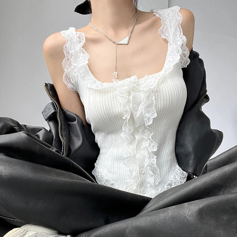 Description Picture 2 of itemSexy All-match Simple Lace Stitching Chic Tank Tops For Women Girls Fashion Sweet Casual Slim Fit Short Sleeveless Tank Tops