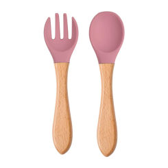 2pcs Food Grade Silicone Tips for Baby Training Spoon Fork with Wooden Handle Feeding Tableware Set