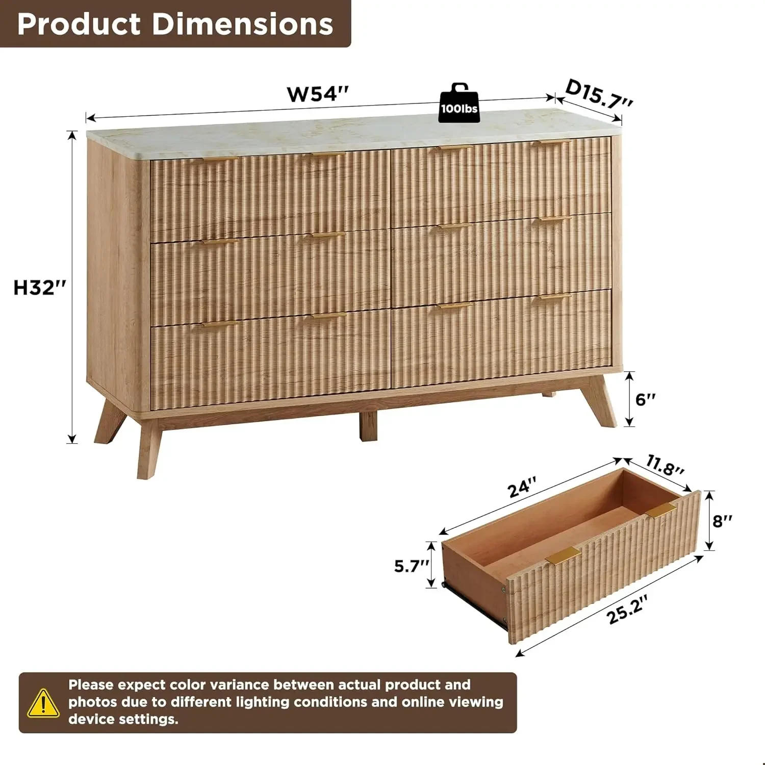 Description Picture 3 of itemFluted 6 Drawers Dresser 54" Wide Modern Chest Of Drawers With Faux Marble Top Curved Profile Design Dresser Natural Oak