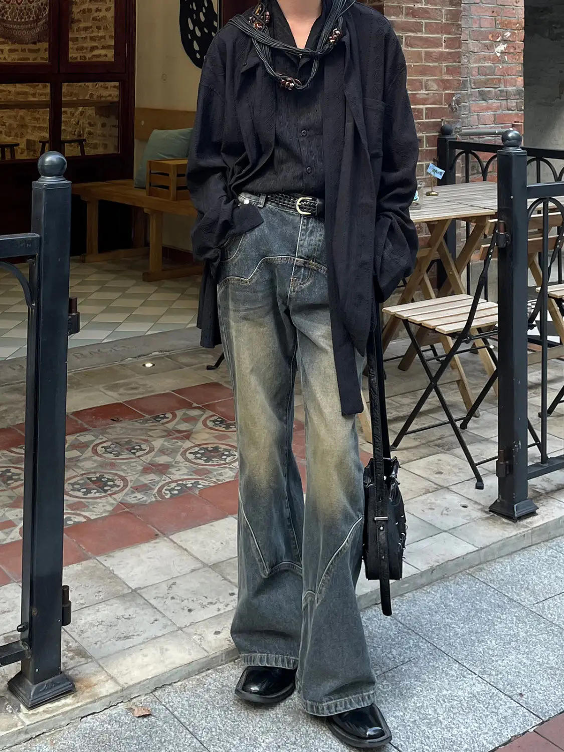 Description Picture 4 of itemAmerican Street Men and Women Trendy Retro Straight Leg Wide Leg Casual Pants Autumn Micro Flare Ragged Edge Washed Jeans y2k