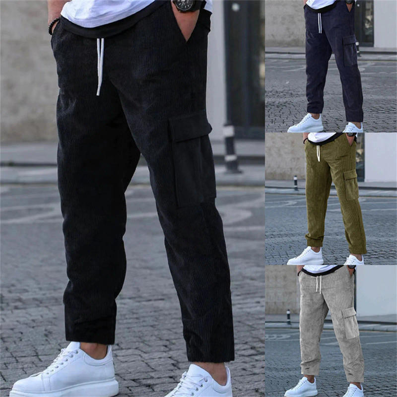 Description Picture 2 of itemMens Corduroy Vintage Cargo Sweatpants Long Solid Elastic Waist Casual Pants Hip Hop with Memory Little Year h House