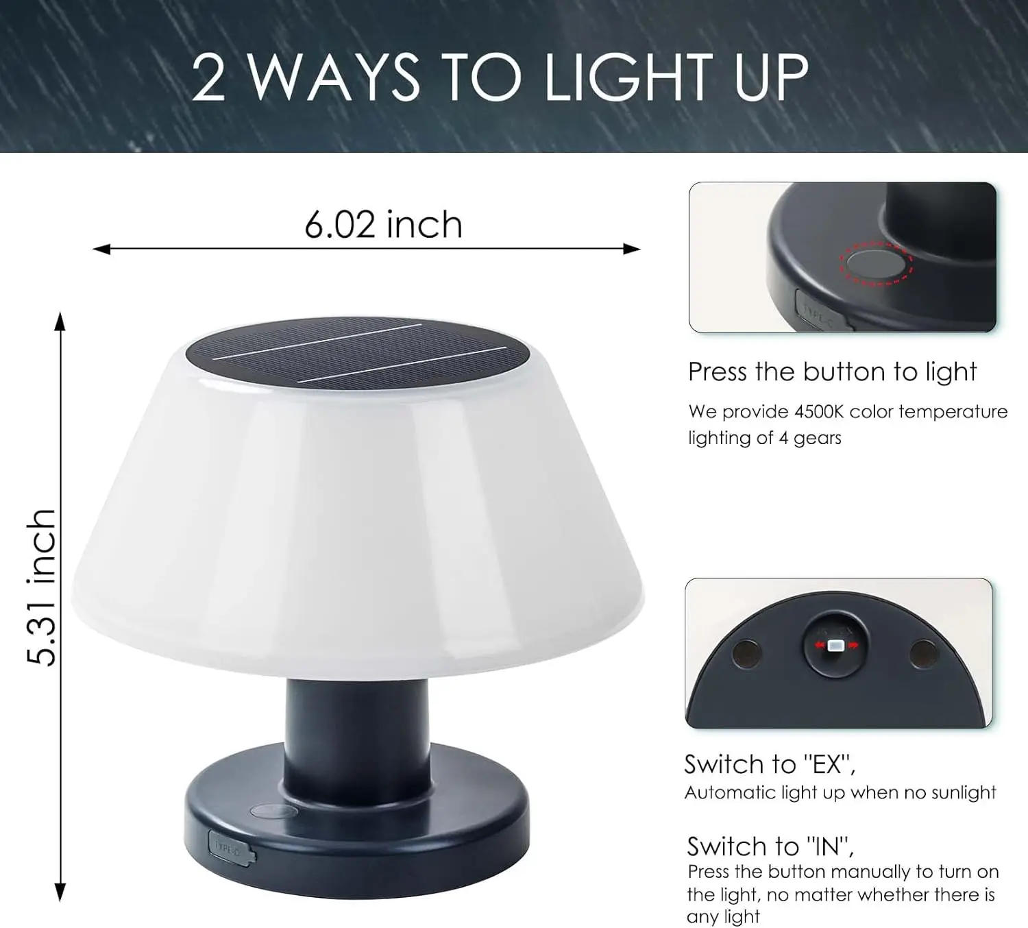 Description Picture 4 of itemSolar Panel Led Solar Table Lamp with Usb Rechargeable Outdoor Indoor Desk Bar Decor 4 Brightness Dimmable Solar Desk Lamp