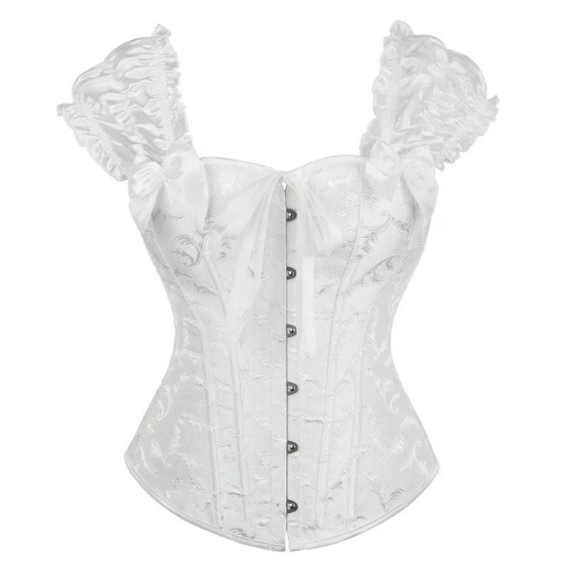 Description Picture 3 of itemWomen Sexy Corset Ruffled Sleeves Overbust Bustier Body Shapewear Embroidered Floral Lace-Up Corset Top Black White
