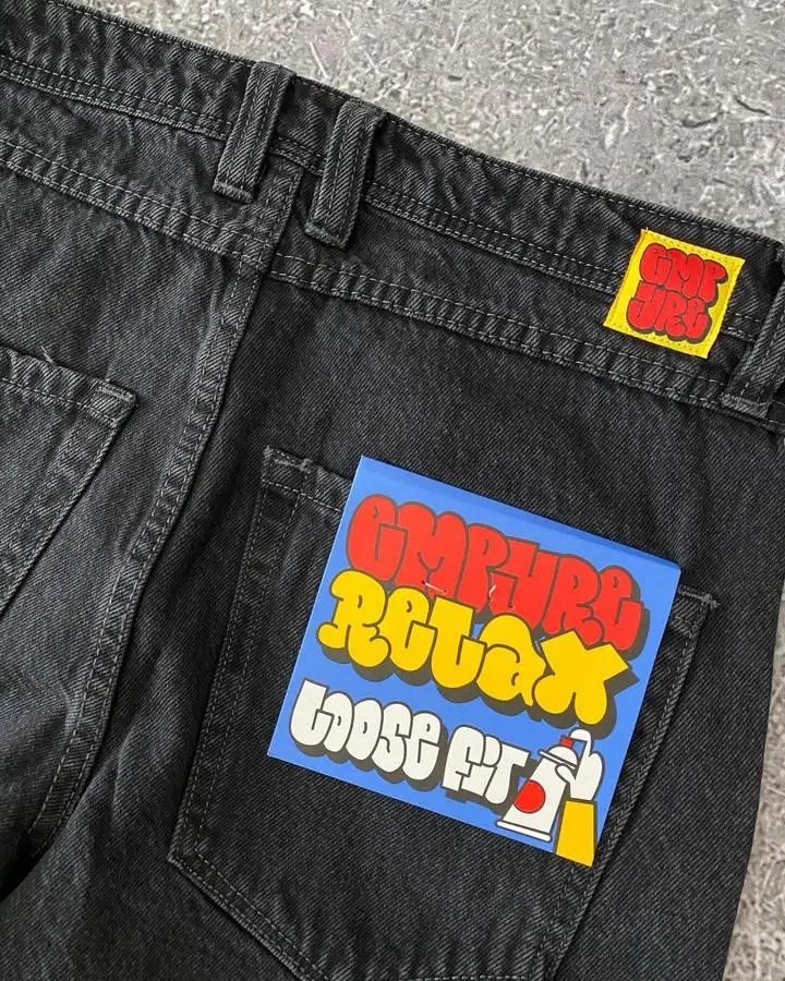 Description Picture 3 of itemStreetwear Empyre Jeans Y2K Hip Hop Gothic Cartoon Graphic Embroidered Baggy Jeans Black Pants Mens Womens New Wide Leg Trouser