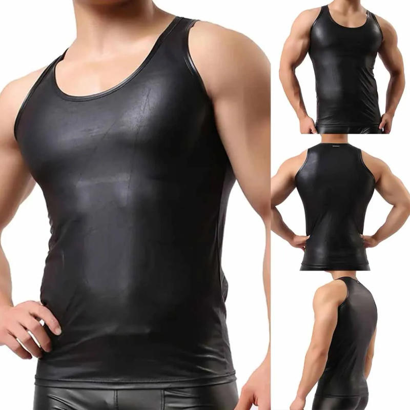 Description Picture 2 of itemMen Blouse Men Tops Bright Leather Crop Top Faux Leather Fit T-shirt Soft T-Shirt Tank Tops Undershirt Black Men\'s