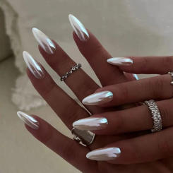 White Pearlescent Glossy Nail Art Fashion Solid Color Almond False Nails Detachable Finished Fake Nails Press on Nails with Glue