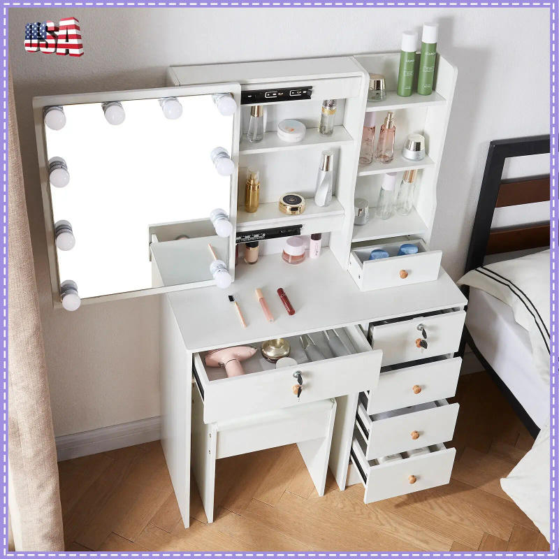 Description Picture 6 of itemVanity Makeup Table w/Lighted Sliding Mirror,Power Outlets & 6 Drawers and Stool
