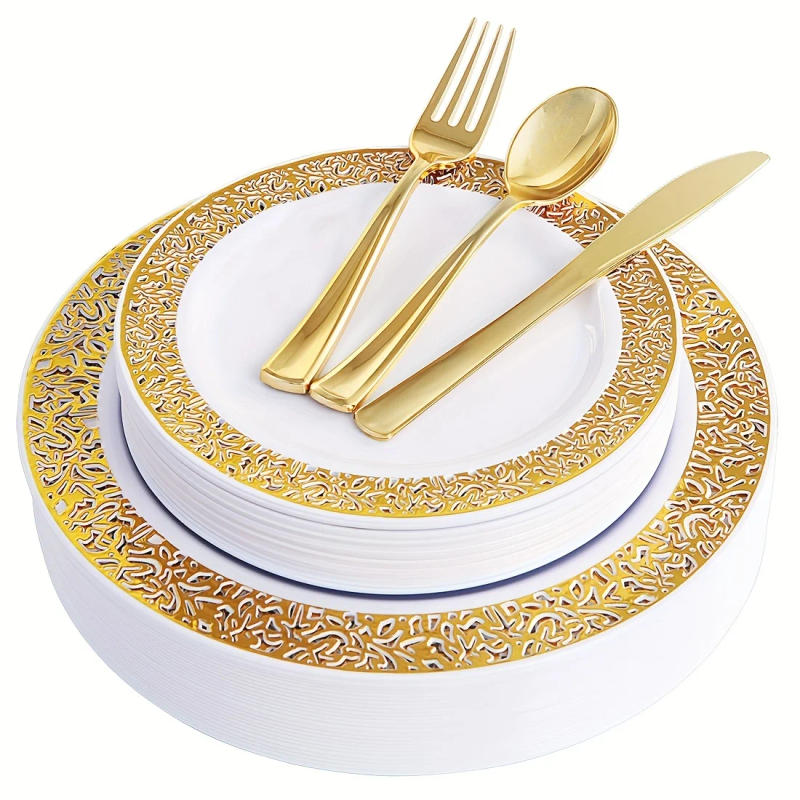 Description Picture 3 of itemElegant 100pc Golden Disposable Dinnerware Set - Perfect for Parties & Weddings, Includes Plates & Cutlery, Easy Cleanup
