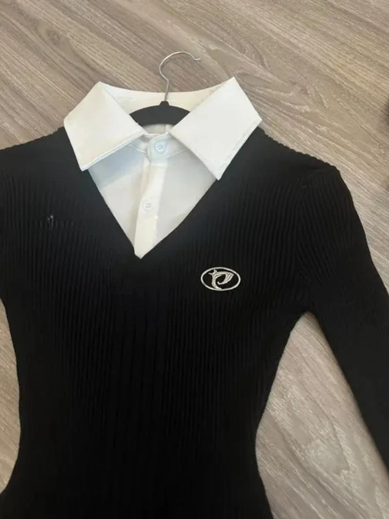 Description Picture 4 of itemAmerican Vintage Shirt Long Sleeve Mini Dresses Women Clothing Slim Fit Polo Neck Black Short Party Dress Korean Fashion Autumn