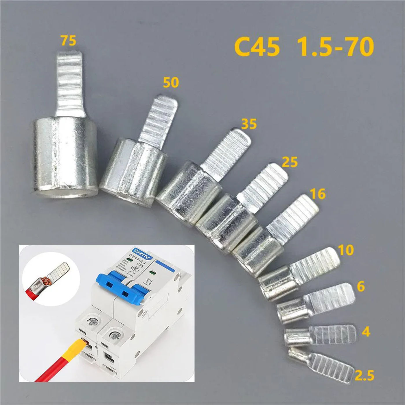 Description Picture 2 of itemC45 Terminals for DZ47 Air Switch Circuit Breaker Wire Connector Electric Cable Connector Copper Crimp Terminal C45-1.5-70mm2