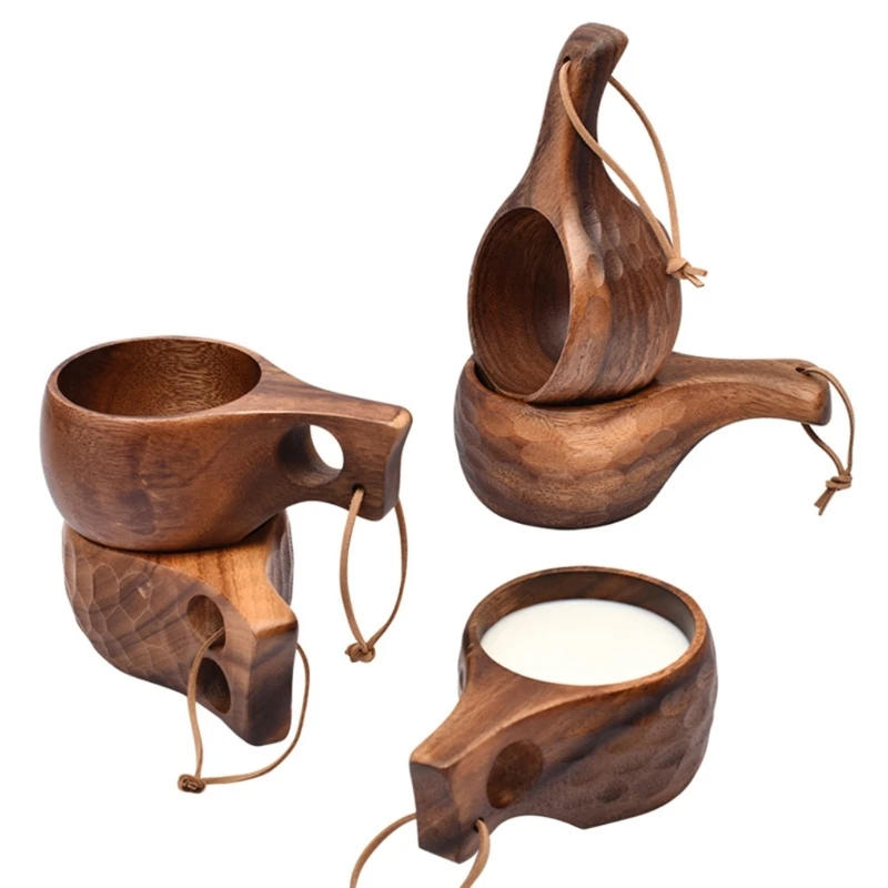 Description Picture 3 of itemFinland Kuksa Portable Coffee Mug Acacia-Wood Handle Cowhide Rope Hook Juice Milk Cup Coffee Drinking Cup Drinkware