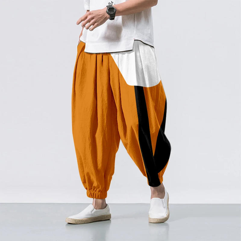 Description Picture 3 of itemNew Spring and Summer Men's Stripe Splicing Print Loose Chinese Style Pants Hip Hop Nine Points Trousers Baggy Jogger Sweatpants