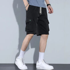 Men Summer Shorts Elastic Waist Adjustable Drawstring Ice Silk Casual Shorts Wide Leg Gradient Color Multi Pockets Cargo Shorts