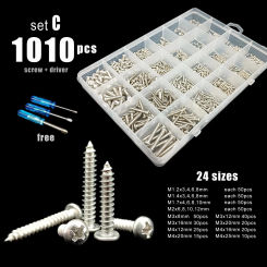 380/500/1010pcs M1.2 M1.4 M1.7 M2 M3 M4 304 Stainless Steel Small Phillips Pan Cross Round Head Self-tapping Wood Screw Set Kit
