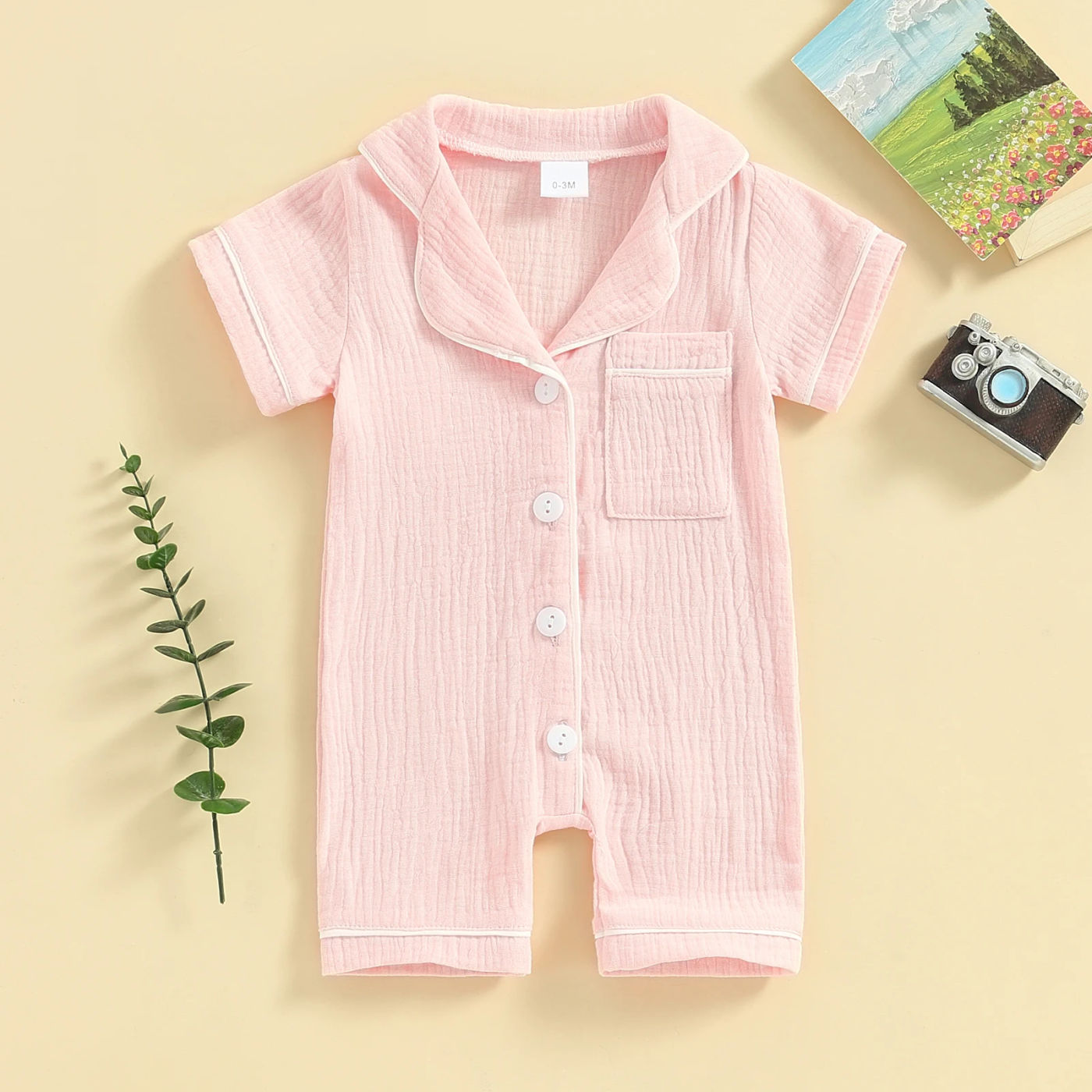 Description Picture 6 of itemCotton Linen Summer Baby Boys Girls Jumpsuits Casual Newborn Sleepwear Short Sleeve Lapel Collar Button Up Pajamas Kids Rompers